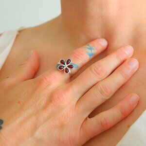 Baltic Cherry Amber Sunflower Ring – Adjustable 925 Sterling Silver